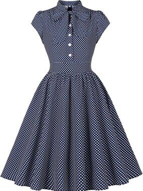 Wellwits - Large - Vintage Inspired - Navy Blue and White Polka Dot Swing Dress